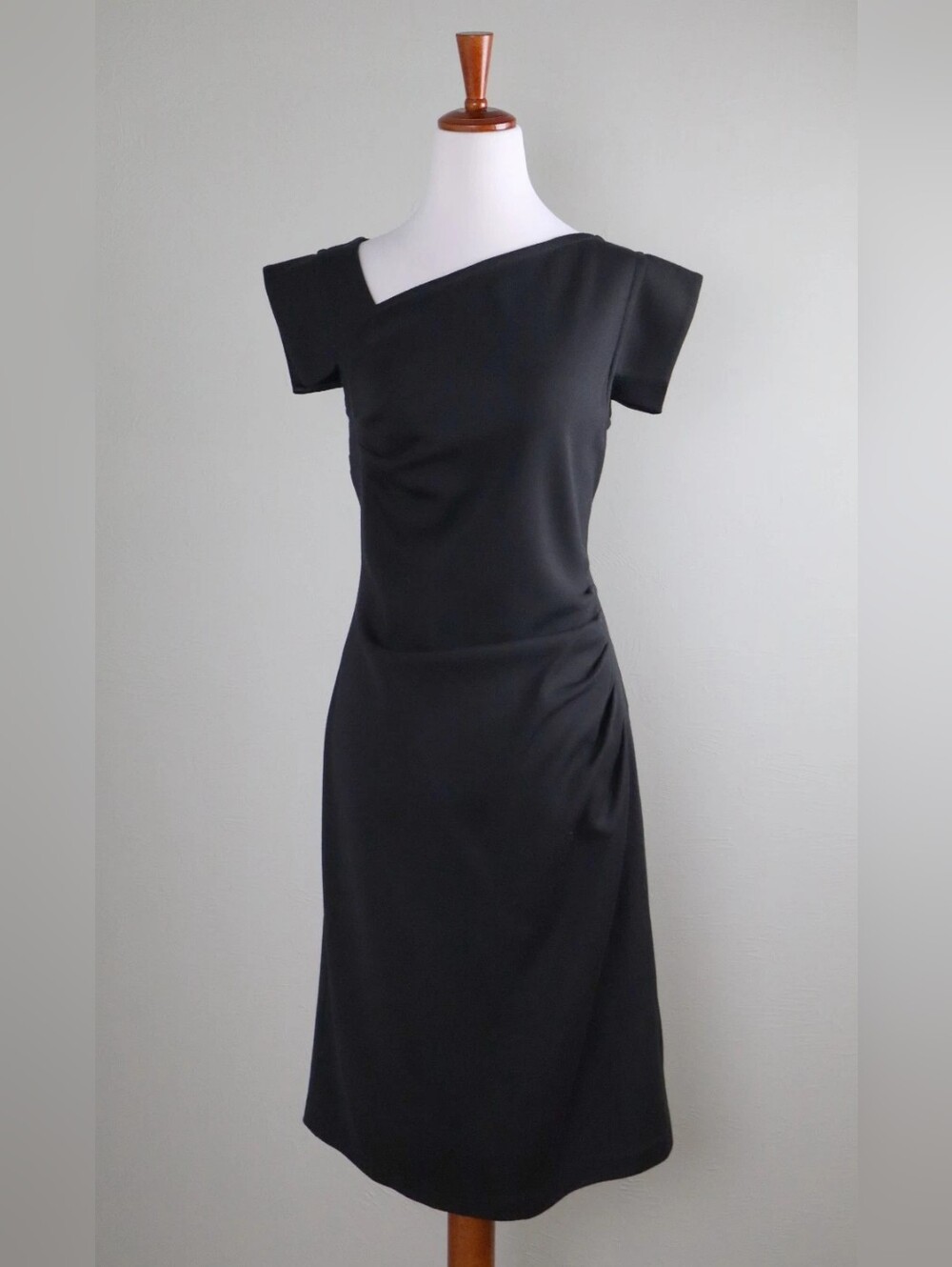 Black Asymmetrical Neck Cap-Sleeve Dress